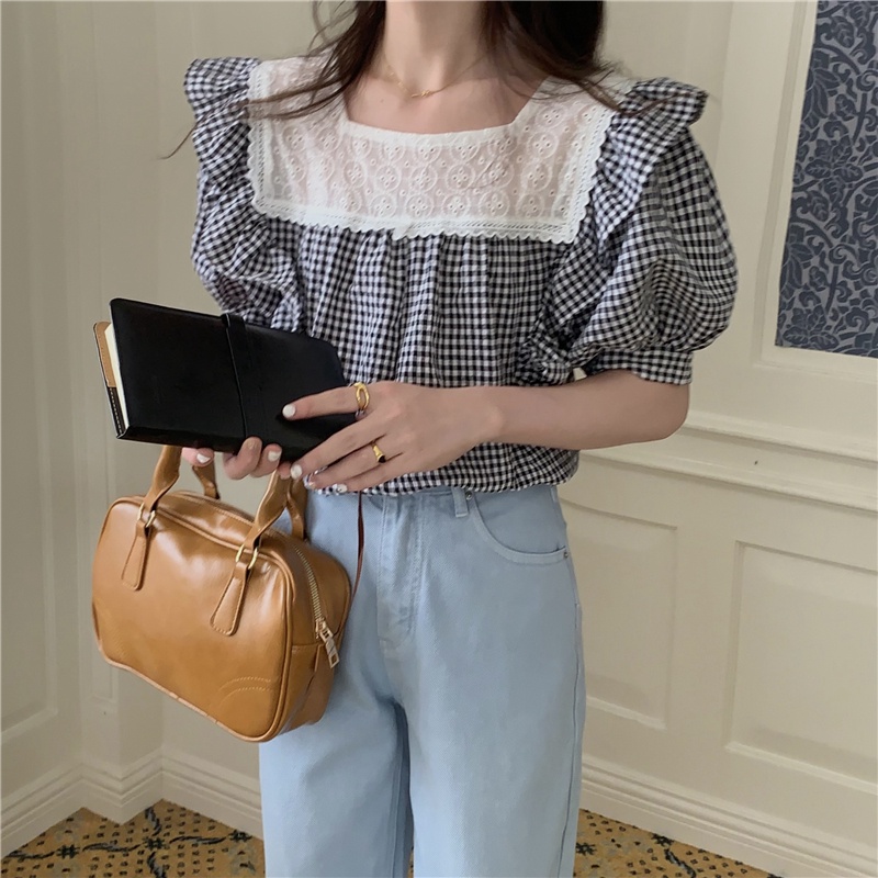 Áo Sơ Mi Tay Ngắn Cổ Vuông Họa Tiết Sọc Caro Phong Cách Retro Cho Nữ