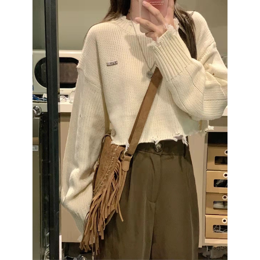 DUNEA Áo Croptop Dệt Kim Tay Dài Kiểu Retro Hàn Quốc Xinh Xắn Cho Nữ