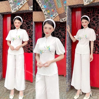 Bộ đi lễ chùa nữ - đồ lam đi chùa lụa đẹp cao cấp trang nhã họa tiết thêu đôi hạt tay phồng sang xịn mịn