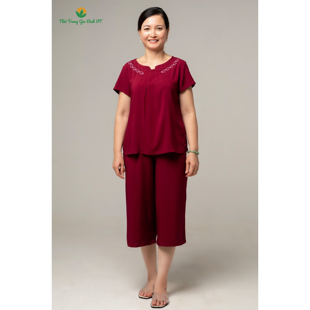 Bộ quần áo mặc nhà trung niên xuân hè Việt Thắng, quần lửng, áo cộc tay, chất Lanh - B26.2105