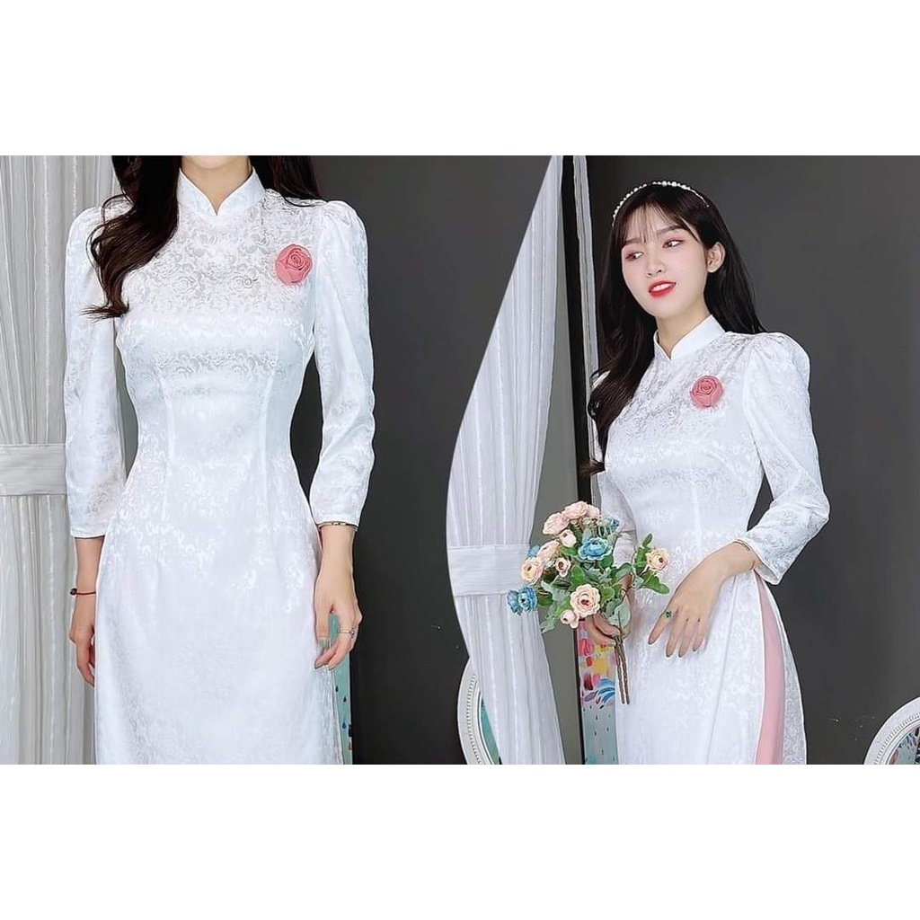 *Áo dài gấm trắng đính hoa
