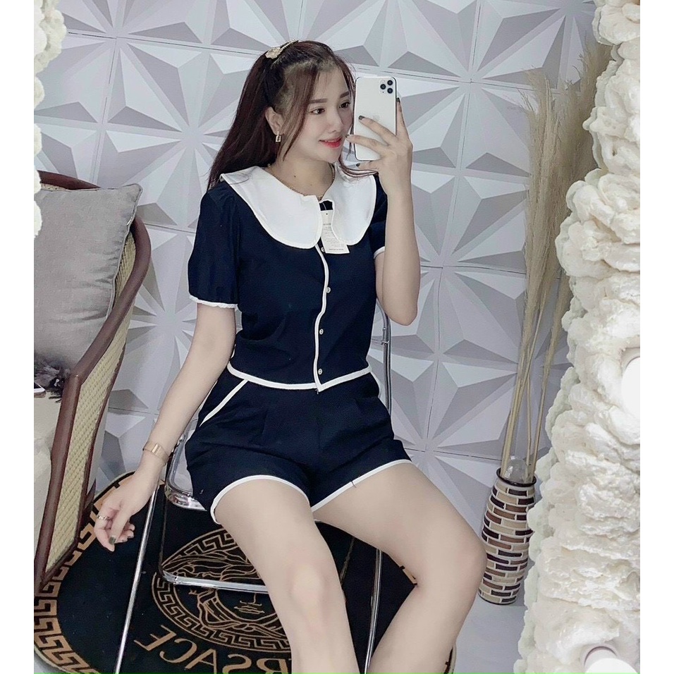 sét bộ đùi tiểu thư áo cổ bẻ phối nút