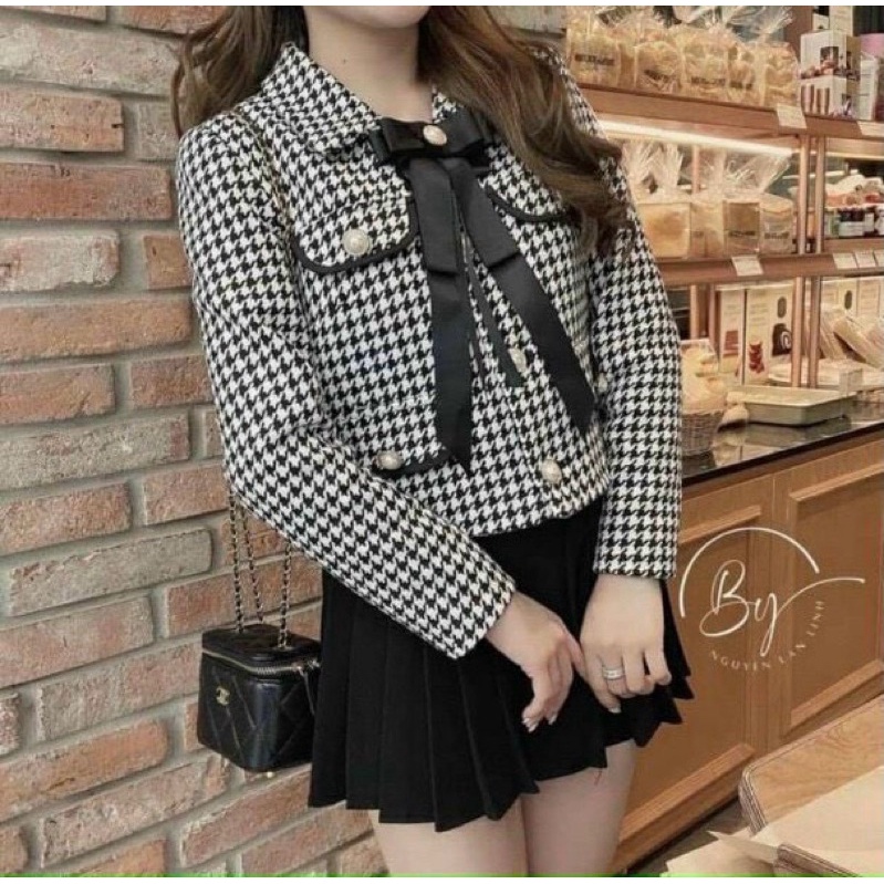 Khoác dạ phối nơ cổ siêu cá tính cực xinh 4 túi