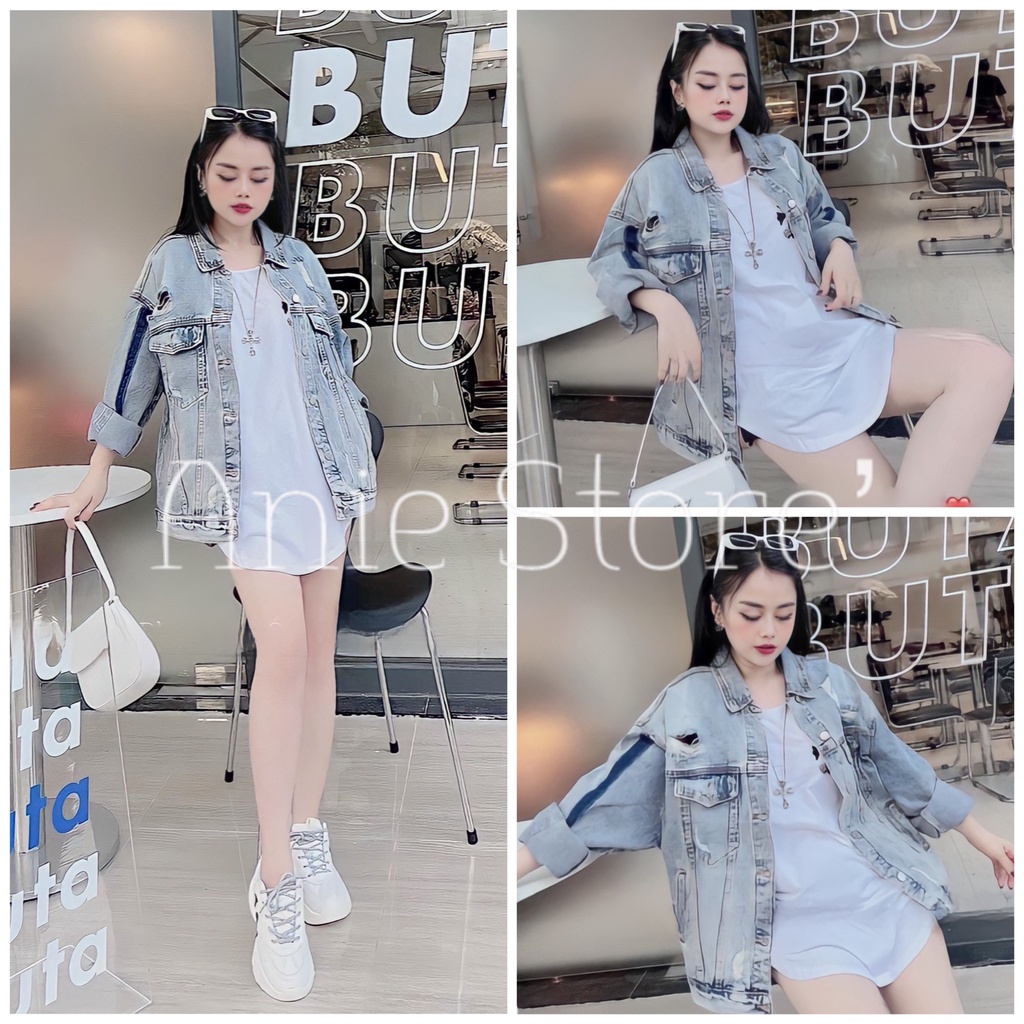 Áo Khoác Jeans Loang Rách Nữ 🦋 Áo Sơ Mi Bò Nữ Dáng Rộng Dài Tay 🦋