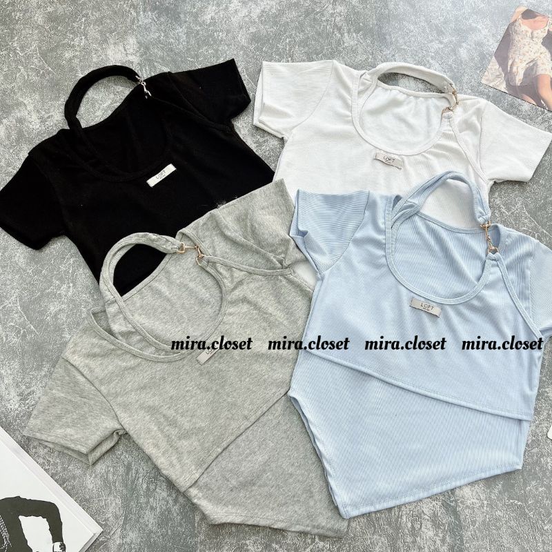 Áo Croptop MIRA.CLOSET Thun Gân Vạt Nhọn Phối Cổ Yếm Xích Lấp Lánh A5446