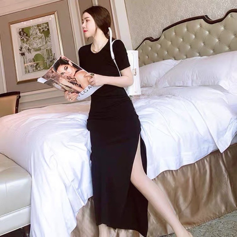 Váy Đen Body Dáng Dài Ulzzang, Đầm Body Nữ Màu Đen