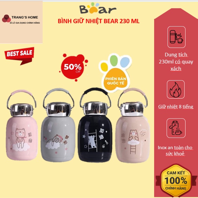 Bình đựng nước giữ nhiệt Bear, có quay xách dung tích 230 ml, bình đựng nước giữ nhiệt cute có dây đeo