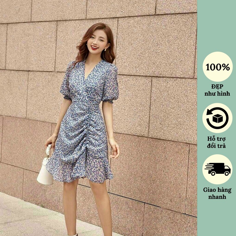 Đầm hoa nhí voan tím tay bồng kết hợp dây cột eo váy đầm thiết kế Chic Store