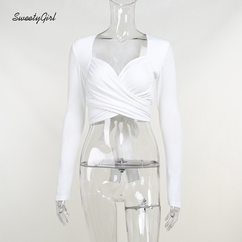 Áo Croptop Tay Dài Cổ Chữ V Màu Sắc Trơn Thiết Kế Khoét Sâu Quyến Rũ