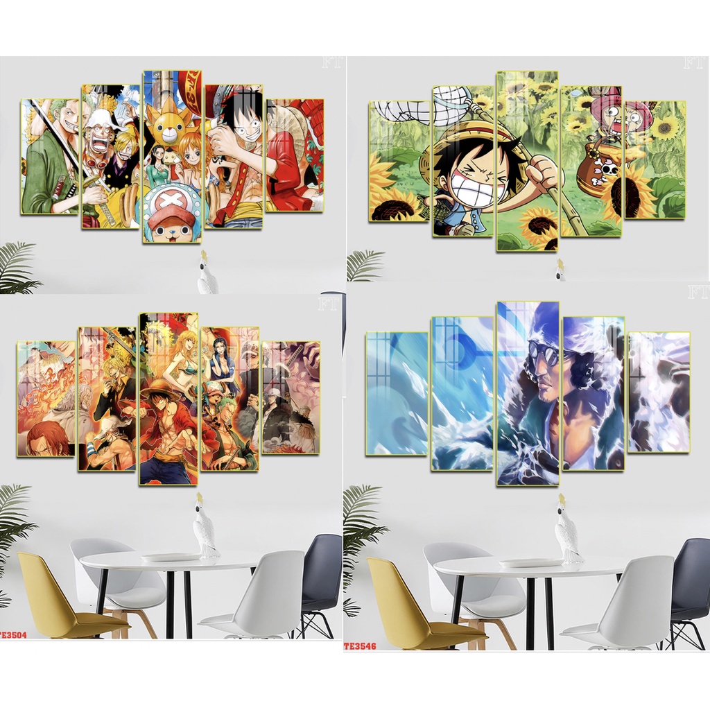 Tranh One Piece anime, marvel, siêu anh Bộ 5 Tranh Treo Tường Khung Composite vải canvas kim tuyến cao cấp - MELYHOME