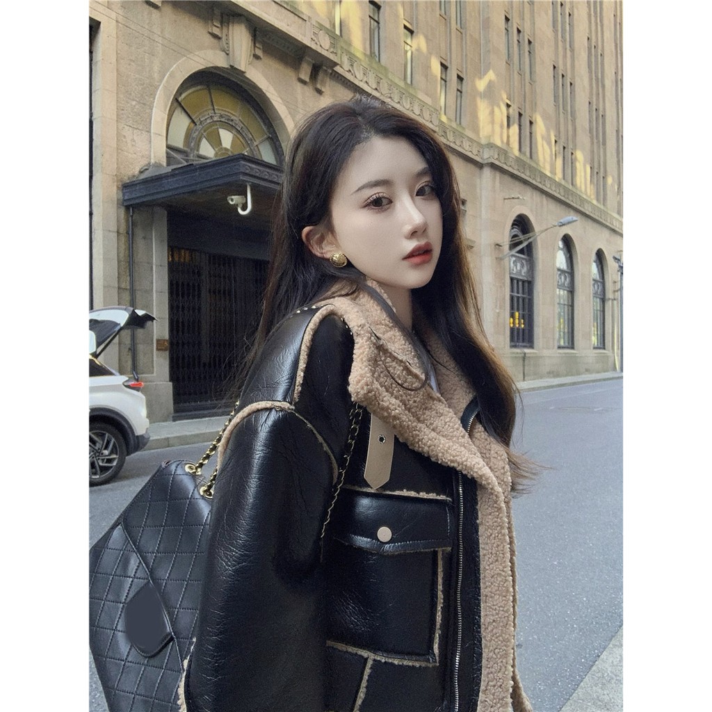 Áo khoác da phối lông hàng Quảng Châu cao cấp thu đông khí chất đầu xu hướng 2021