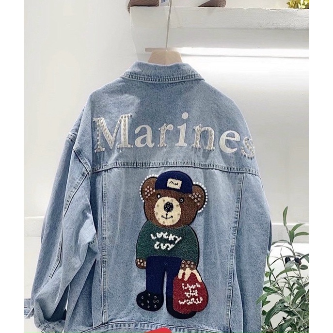 Áo khoác denim thêu gấu