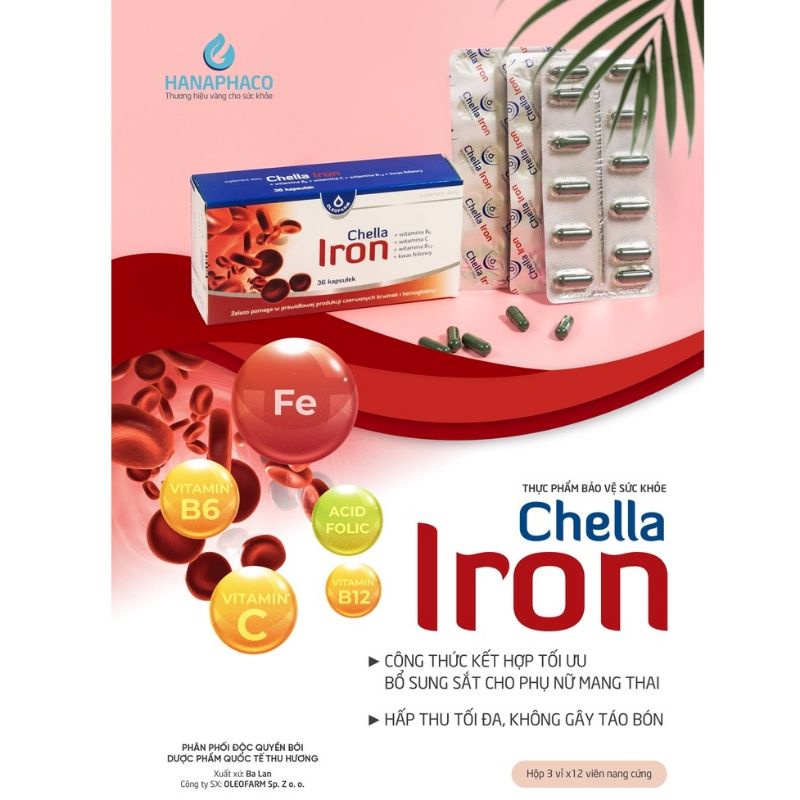 (NHẬP KHẨU) Viên Uống Chella Iron Bổ Sung Sắt Cho Phụ Nữ Mang Thai Hấp Thu Tối Đa Không Gây Táo Bón - Hộp 36 Viên