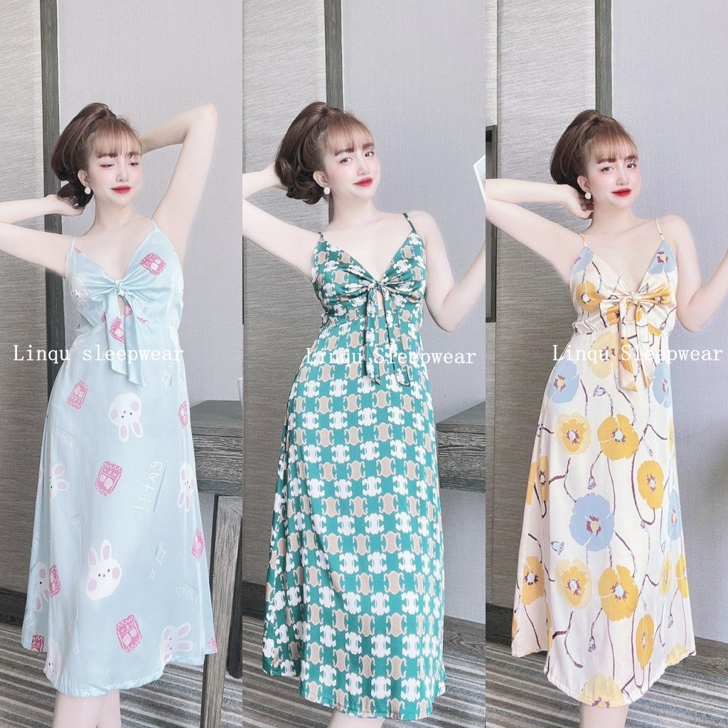 Váy ngủ sexy 2 dây gợi cảm chất latin mềm mát, váy 2 dây có tăng đơ may nơ ngực dễ thương Freesize - Linqu Store.