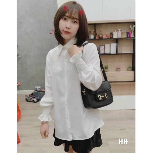 Áo sơ mi nữ trắng đi học tay dài bo nhúm cổ bẻ basic form rộng vừa - Sơ mi đi học sinh nữ trắng tay dài 002