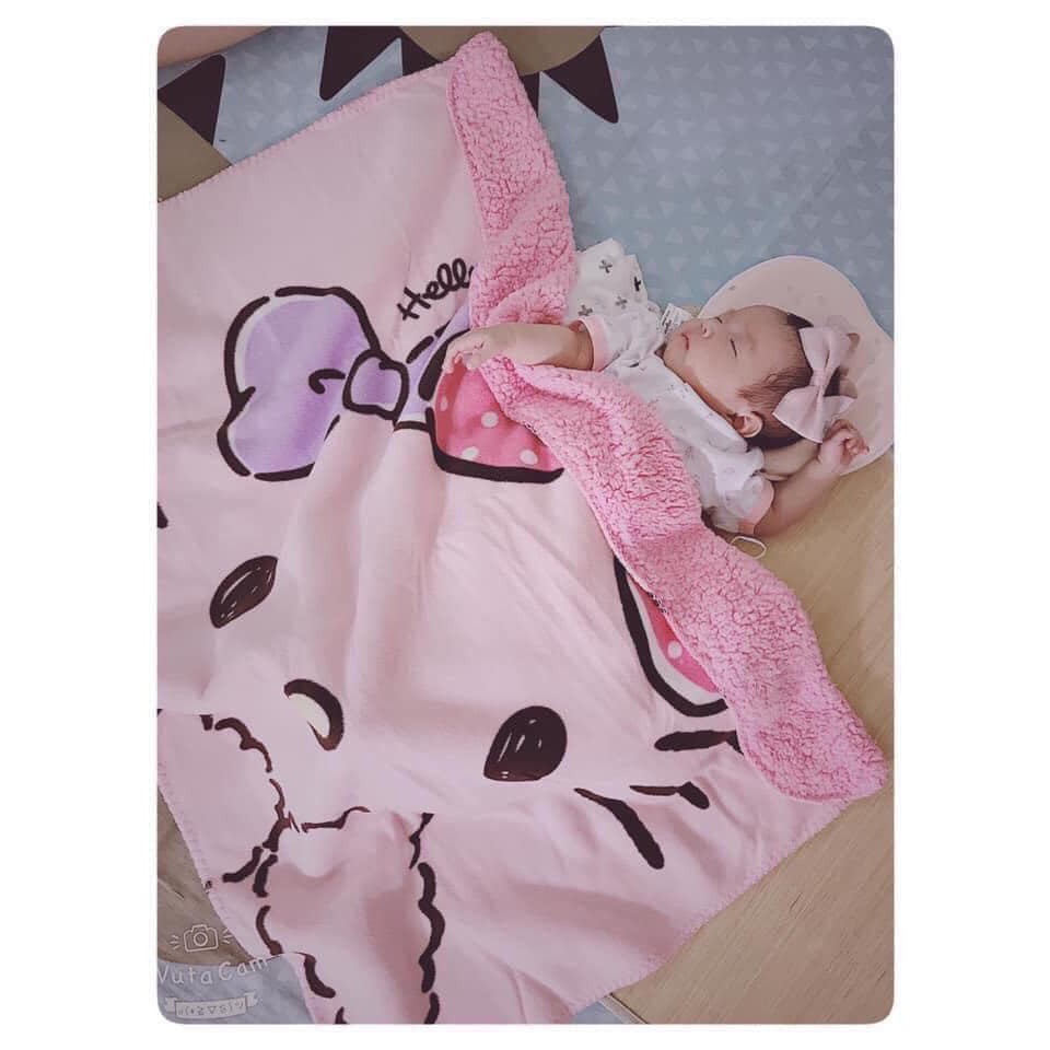 Chăn lông cừu trẻ em 2 lớp cho bé gái hình mèo kitty chăn cho bé đi học đến trường hình hello kitty cỡ 70 x 100 cm