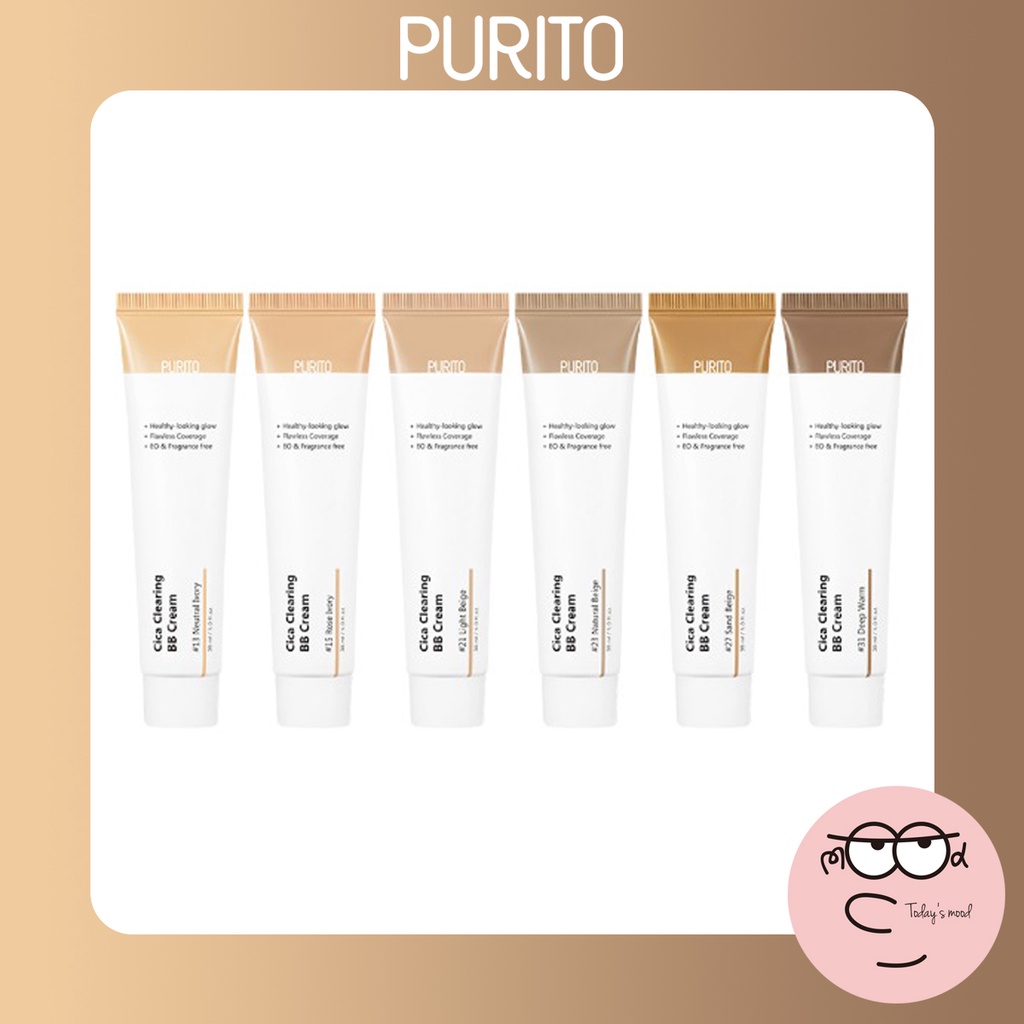 [PURITO] Cica Clearing BB Cream 30ml (6 colours) Kem BB 30ml (6 Màu) | Kem Nền Chiết Xuất Panthenol 