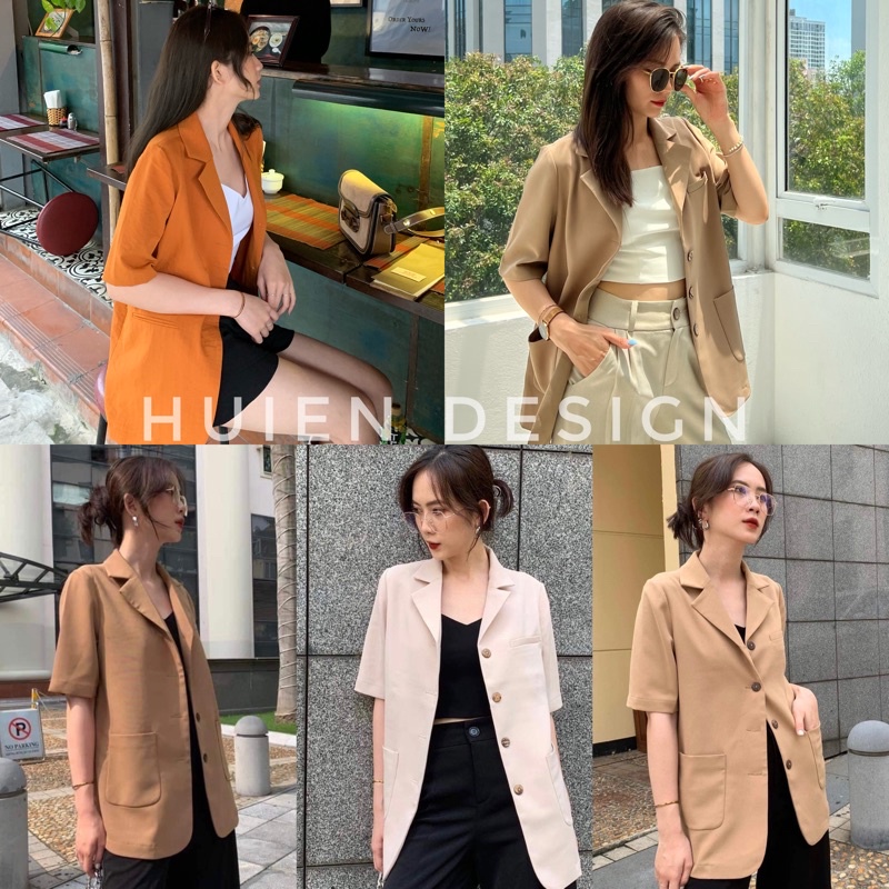 Áo blazer nữ 1 lớp dáng dài tay ngắn 4 khuy dọc hàng thiết kế Huien Design thời trang công sở trẻ trung, màu sắc