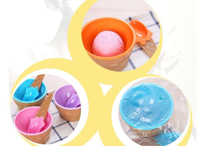 Bộ chén muỗng hình ly kem, dụng cụ làm slime bằng nhựa nhiều màu dễ thương