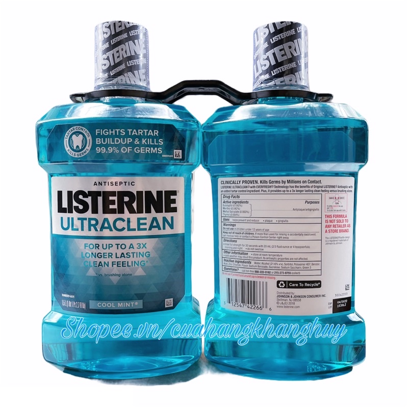 Nước súc miệng Listerine Ultraclean Antiseptic Cool Mint, 2 chai x 1.5 lít của Mỹ