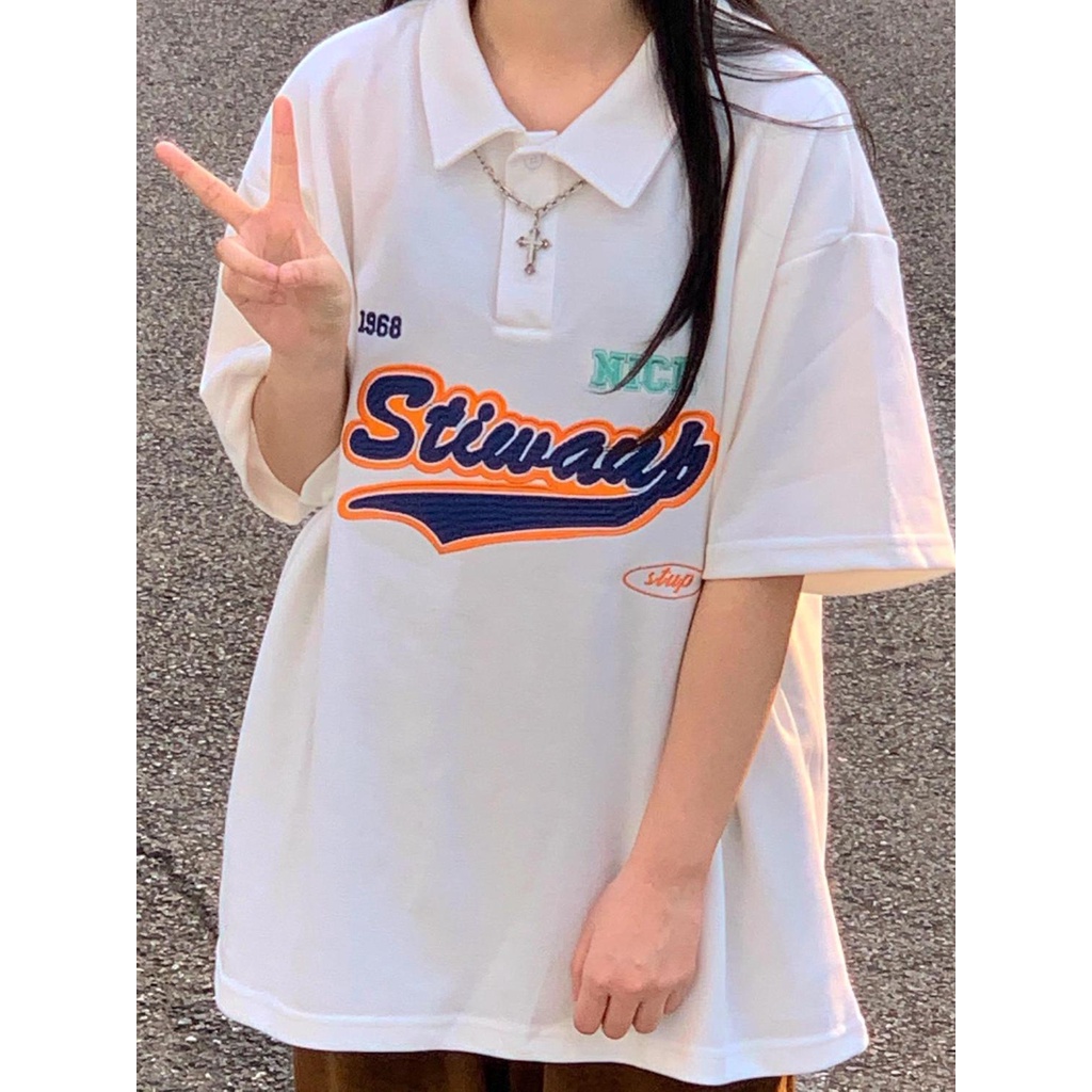 AMOI Áo polo Ngắn Tay In Họa Tiết Chữ Phong Cách Retro Thời Trang Cho Nữ