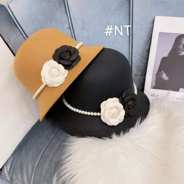 Mũ dạ vành cụp đai ngọc gắn hoa cao cấp siêu hot