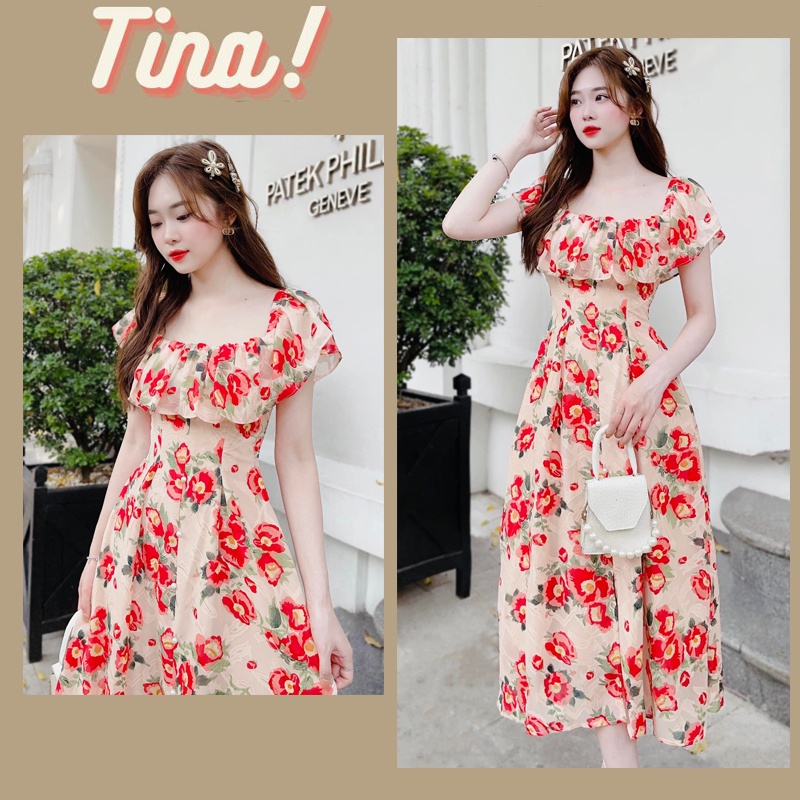 Váy Hoa Nhí Trễ Vai Dáng  Dài Thiết Kế Phối Nhún Ngực Sang Chảnh, -V74
