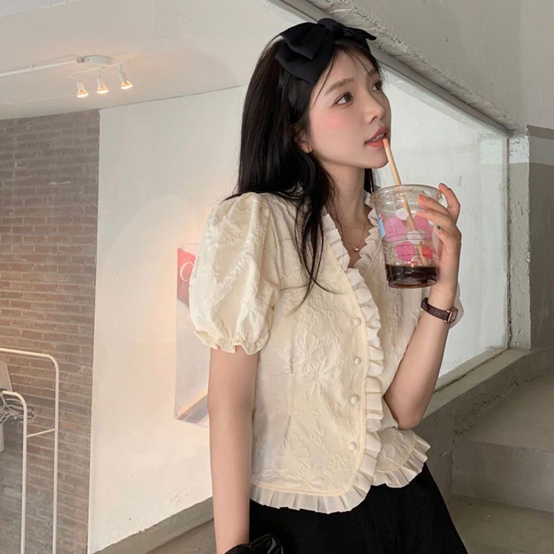 Áo Kiểu Tay Phồng Cổ Chữ V Phong Cách Pháp Hợp Thời Trang Hè Cho Nữ