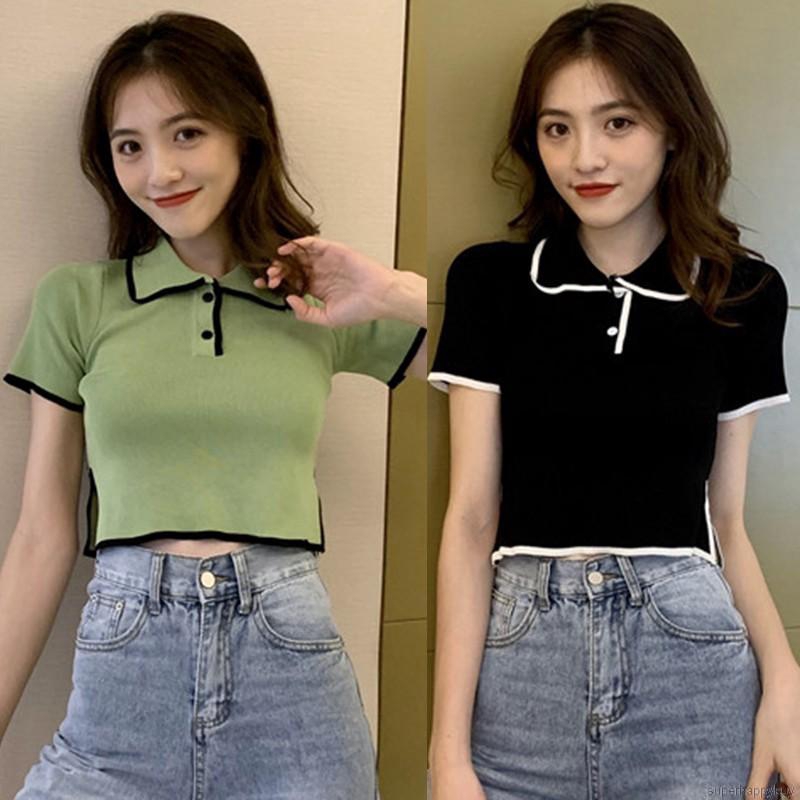 Áo thun dệt kim nữ tay ngắn phối màu thời trang