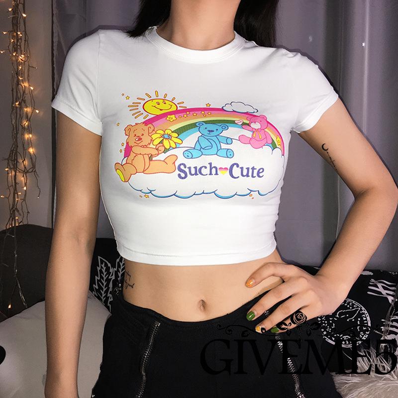 Áo Croptop Tay Ngắn Cổ Tròn In Hình Gấu Hoạt Hình Đáng Yêu Cho Nữ