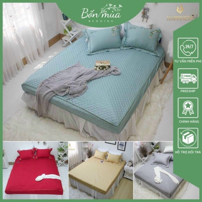 Bộ Ga Gối Happiness Chun Chần Màu Thêu Siêu Đẹp, ga chun trần kèm 2 vỏ gối 45x65cm - đủ kích cỡ, hàng chính hãng