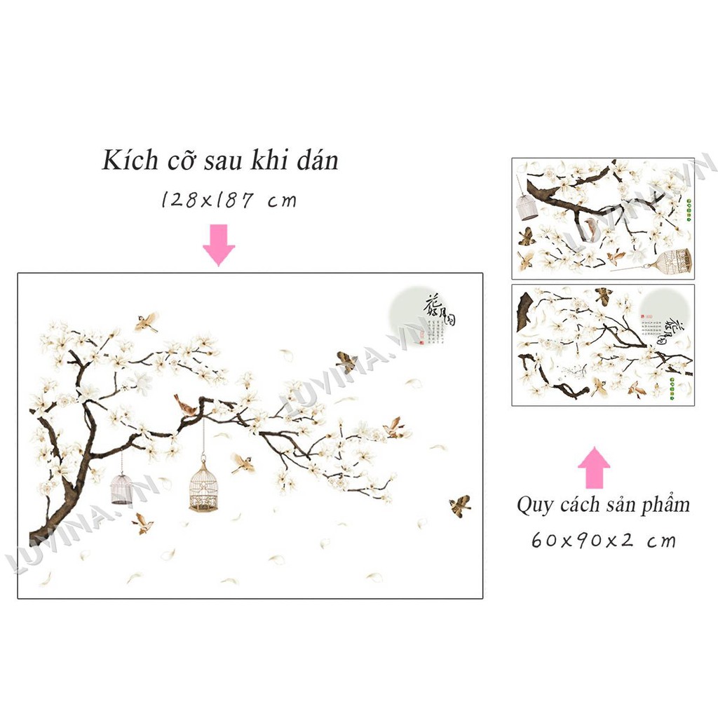 SIZE LỚN Decal dán tường hoa mộc lan trắng SH2202A 60x90cmx2