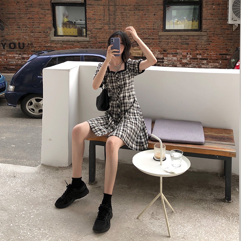 Xiaozhainv Đầm Tay Ngắn Dáng Chữ A Cổ Vuông Họa Tiết Caro Thanh Lịch Dành Cho Nữ | BigBuy360 - bigbuy360.vn