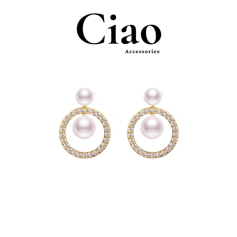 [NEW ITEMS] Khuyên tai/ Bông tai mạ bạc S925 thiết kế dạng tròn đính hạt ngọc xinh xắn Jennifer Ciao