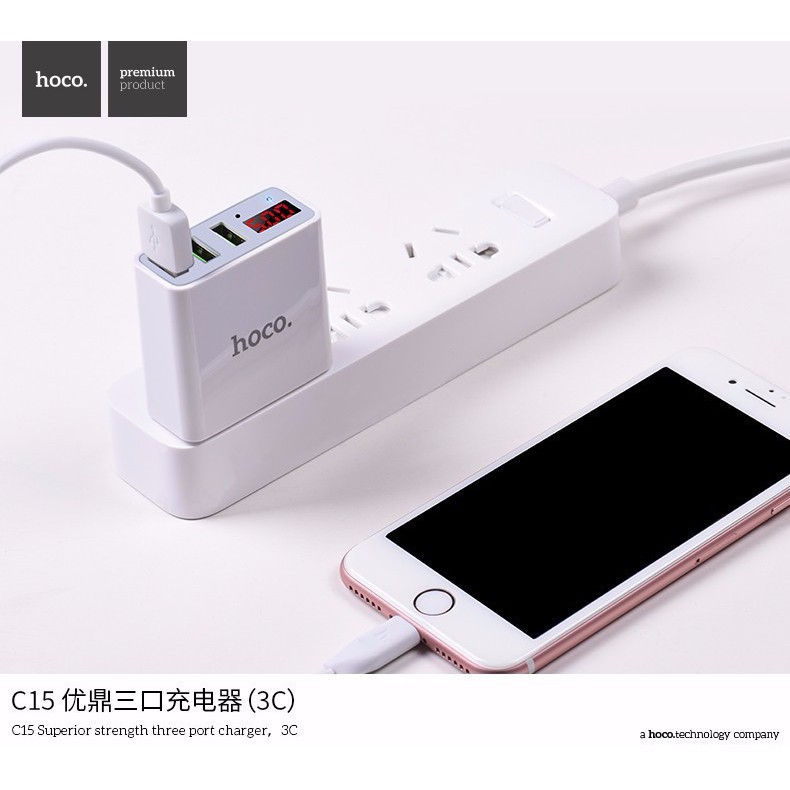 Củ sạc 3 cổng USB Hoco C15 có màn LED hiển thị đo dòng - Hàng Chính Hãng - Ổn định dòng cho Iphone/iPad/Android