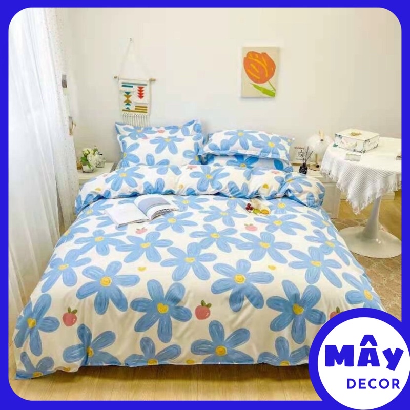 Bộ chăn ga cotton poly nhập hoạ tiết hoa xanh biển