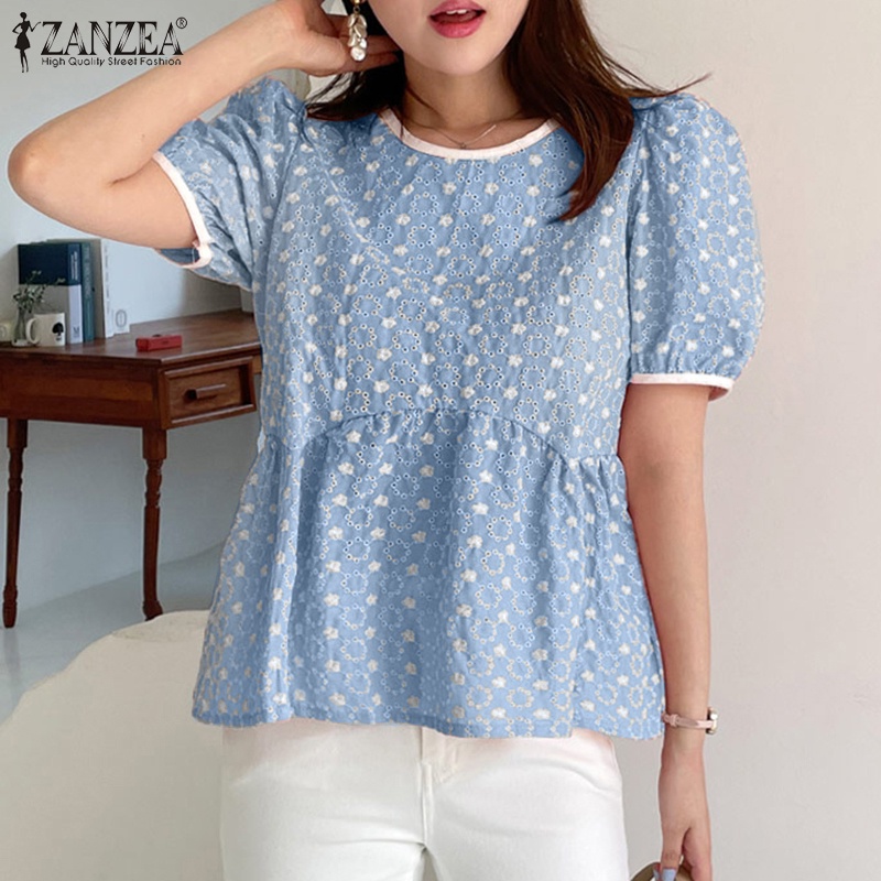 ZANZEA Áo Thun Nữ Tay Ngắn Phồng Cổ Tròn Thêu Hoa Thời Trang Hàn Quốc