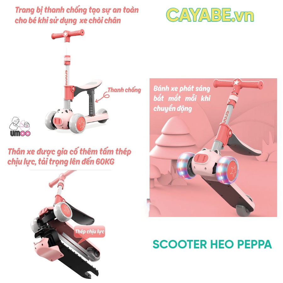 [CAYABE]: Xe scooter - xe chòi chân 2 trong 1 CAYABE heo Peppa, gấu Bear, phi thuyền, công chúa có đèn cho bé