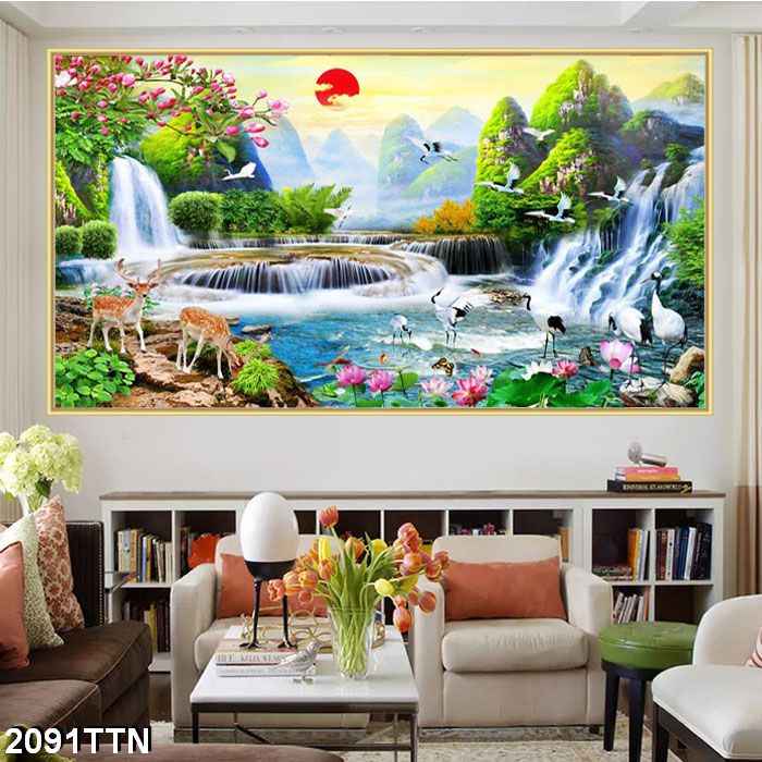 Tranh dán tường 3D sơn thủy hữu tình , phong cảnh, thác nước nhận in theo kích thước yêu cầu - 2091TTN