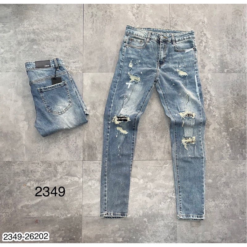 Quần Jeans Nam Amr Xanh Rách Đinh Siêu Hot - Quần Bò Nam Rách Đinh Chất Đẹp