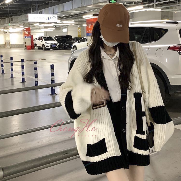 Áo khoác len cardigan nữ dệt kim chữ H dáng rộng dài tay phong cách Hàn Quốc cá tính A00136