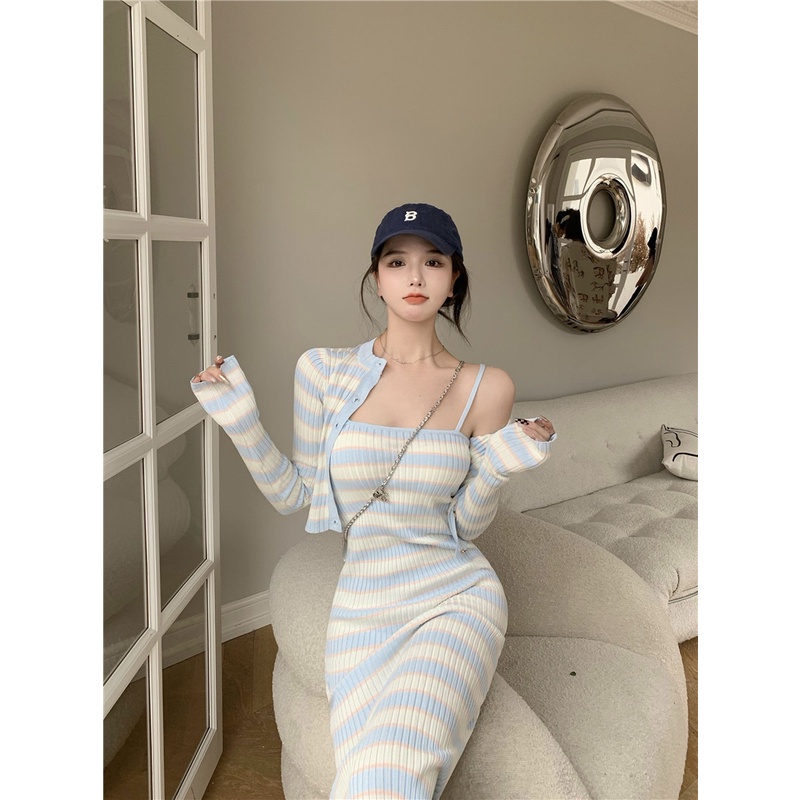Đầm Dệt Kim Dài Tay Phối Áo Khoác cardigan Thời Trang Pháp Sành Điệu Dành Cho Nữ