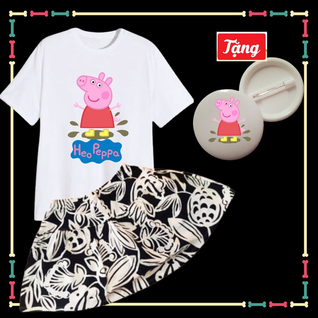 Set Váy Cotton+Áo thun Peppa Pig  dễ thương cho bé gái đủ size áo-Tặng Huy Hiệu Peppa Pig