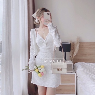 Set váy hai dây xoắn mix cadigan tiểu thư