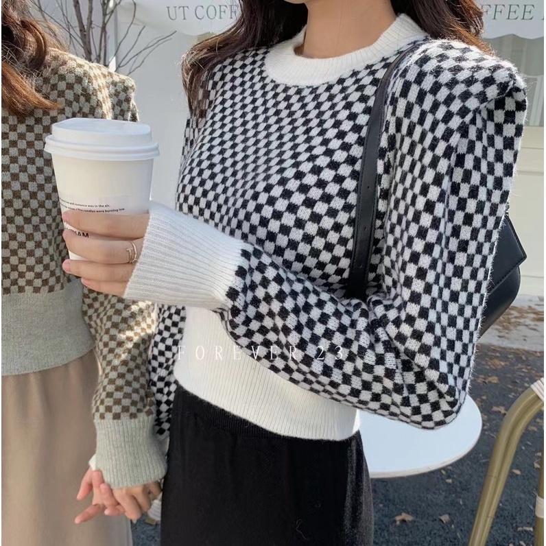 SUXI Áo croptop dệt kim tay dài cổ tròn họa tiết kẻ sọc thời trang Hàn Quốc cho nữ