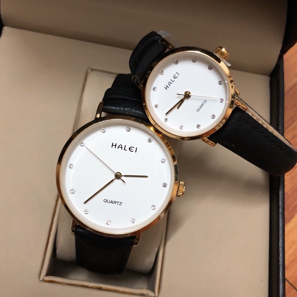 Đông hồ cặp nam nữ HALEI máy Nhật chính hãng dây da đen mặt trắng tròn size 39mm 28mm số hạt chống xước chống nước HL542 | BigBuy360 - bigbuy360.vn