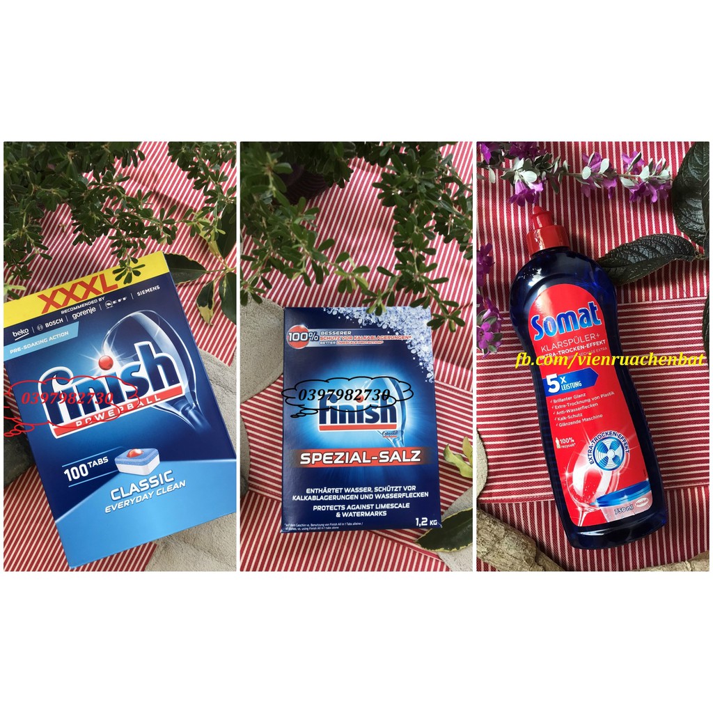 Combo Viên rửa chén bát Finish + Muối làm mềm nước Finish 1.2kg + Nước bóng Somat 750ml