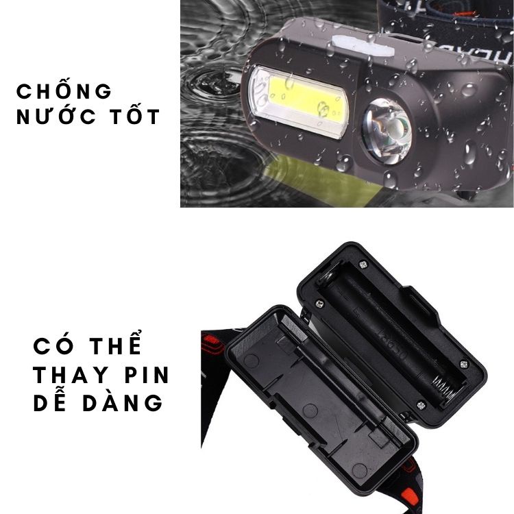 Đèn pin đeo đầu mini nhẹ gọn led XPE và led Cod dùng pin sạc 18650 có thể thay pin linh