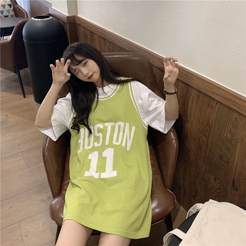 Jiashucheng Áo Thun Ba Lỗ Dáng Rộng Dài Ngang Bắp Chân In Chữ Phong Cách Hàn Quốc Thời Trang Mùa Hè Mới