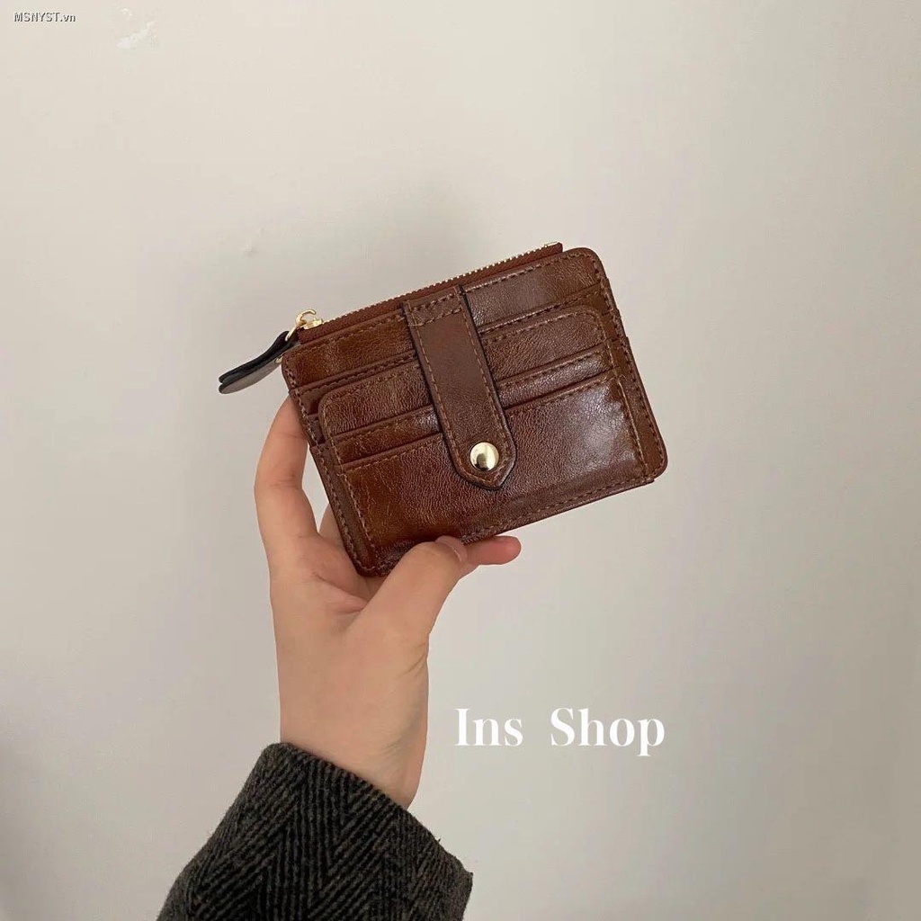 Ins Shop Ví mini ngắn đựng thẻ/tiền xu nhiều ngăn màu tối tự làm thủ công cho cặp đôi